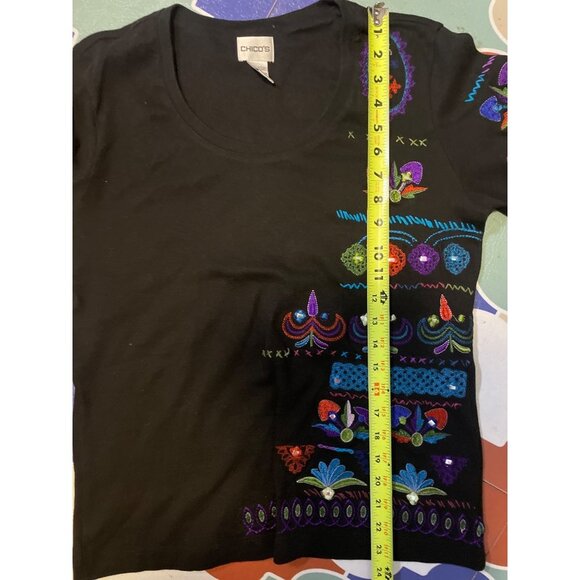 Chico's Black Colorful Southwest Embroidery Long Sleeve Round Neck Top Sz L - Picture 8 of 10